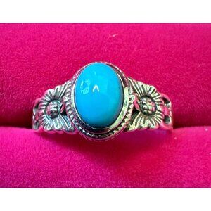 Blue Bird Turquoise & Sterling Silver Ring With Floral Design Size 8.25